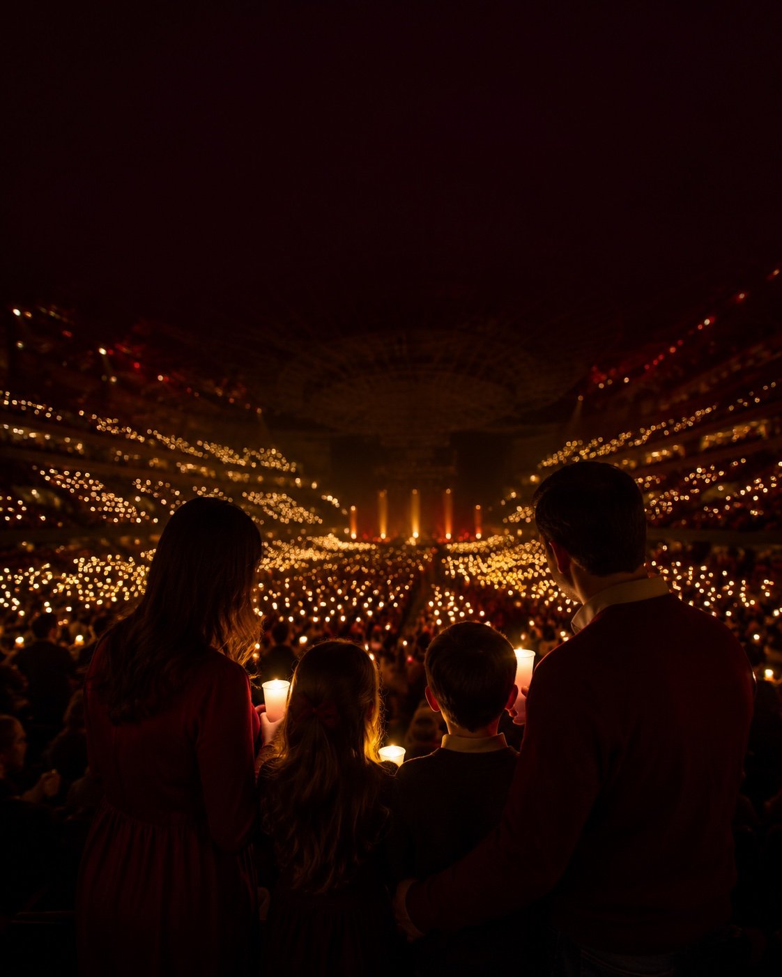 Família reunida com velas acesas na arena — Noite de Luz